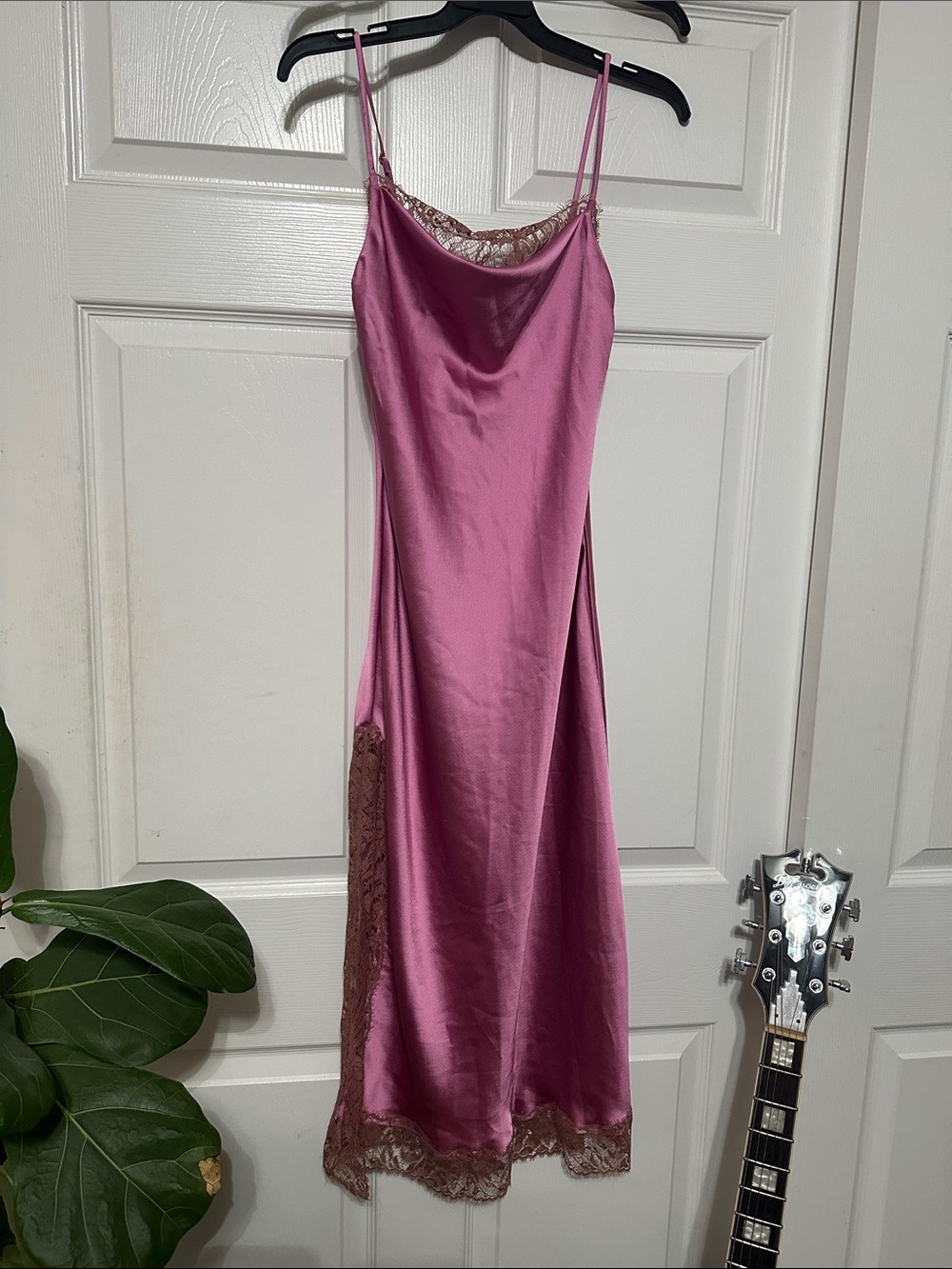 Silky Mauve Slip Dress with Lace Trim